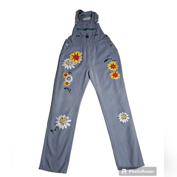 Flower Power light blue denim Overalls - Kids/XL or S/M Adult - Picture 4 of 9